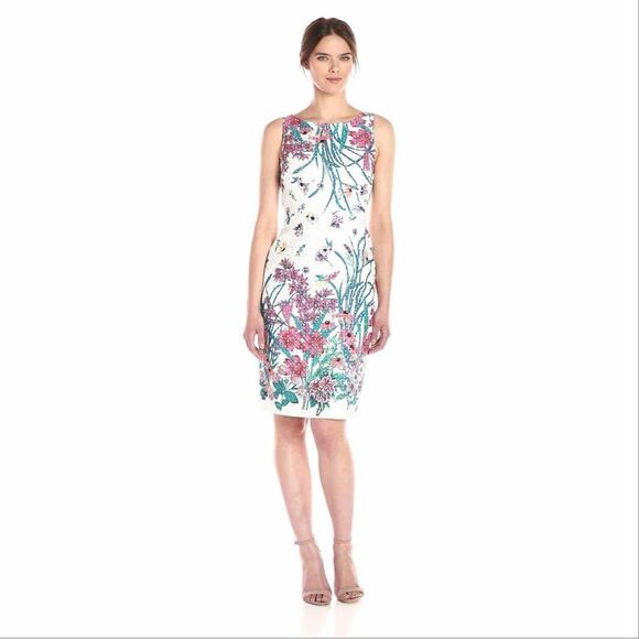 Adrianna Papell Floral Eyelet Sleeveless Sheath Pencil Dress White Multi 2 - Picture 1 of 15